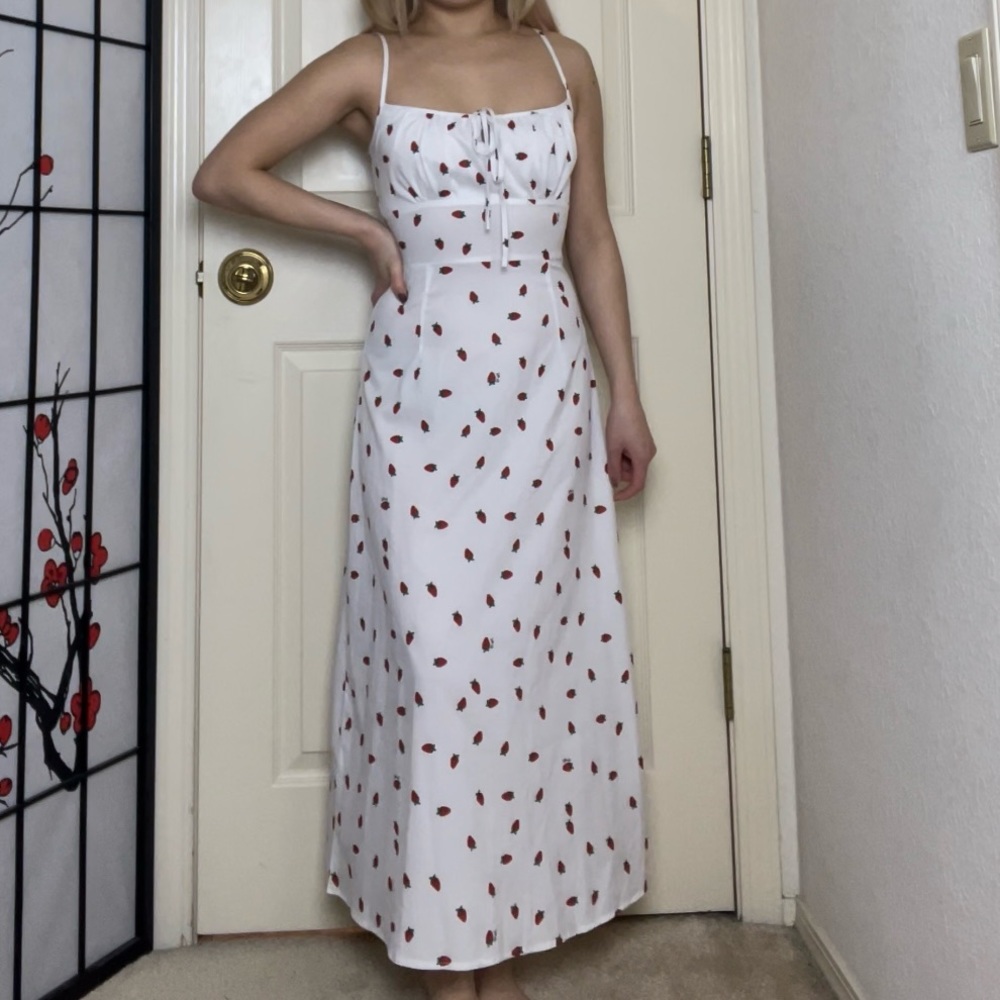 White Strawberry Print Spaghetti-Strap Milkmaid Maxi Dress